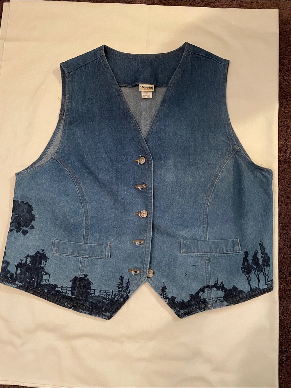 VTG Vivaldi Jeanwear Women’s XL Country Scene Jean Vest Signed Colby Hill USA